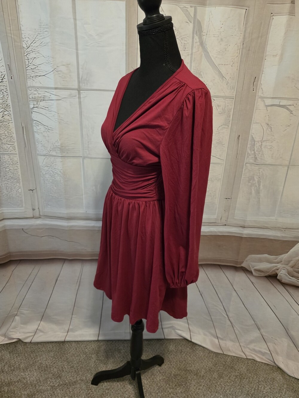Kohl's Burgundy Long-Sleeve V-Neck Wrap Dress - Picture 2 of 7